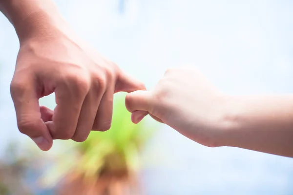 女婴的手握着老男的手 有散景背景和水平 父亲节的概念 6月16日 — 图库照片