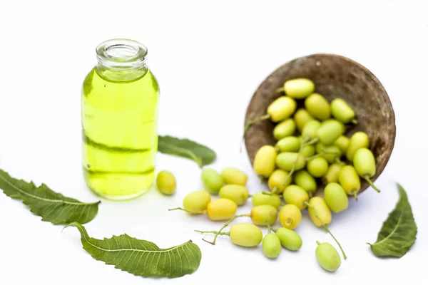 印度丁香水果的新鲜绿色尼姆水果 在一个粘土碗中 在白色上与透明玻璃瓶中的油一起分离 水平拍摄 — 图库照片