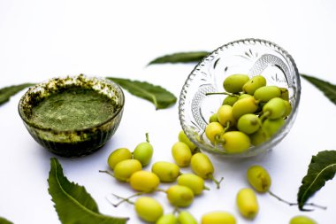 Neem macunu veya nim macunu başka bir kapta neem meyve ile birlikte beyaz izole bir cam kase ve bazı yaprakları da.