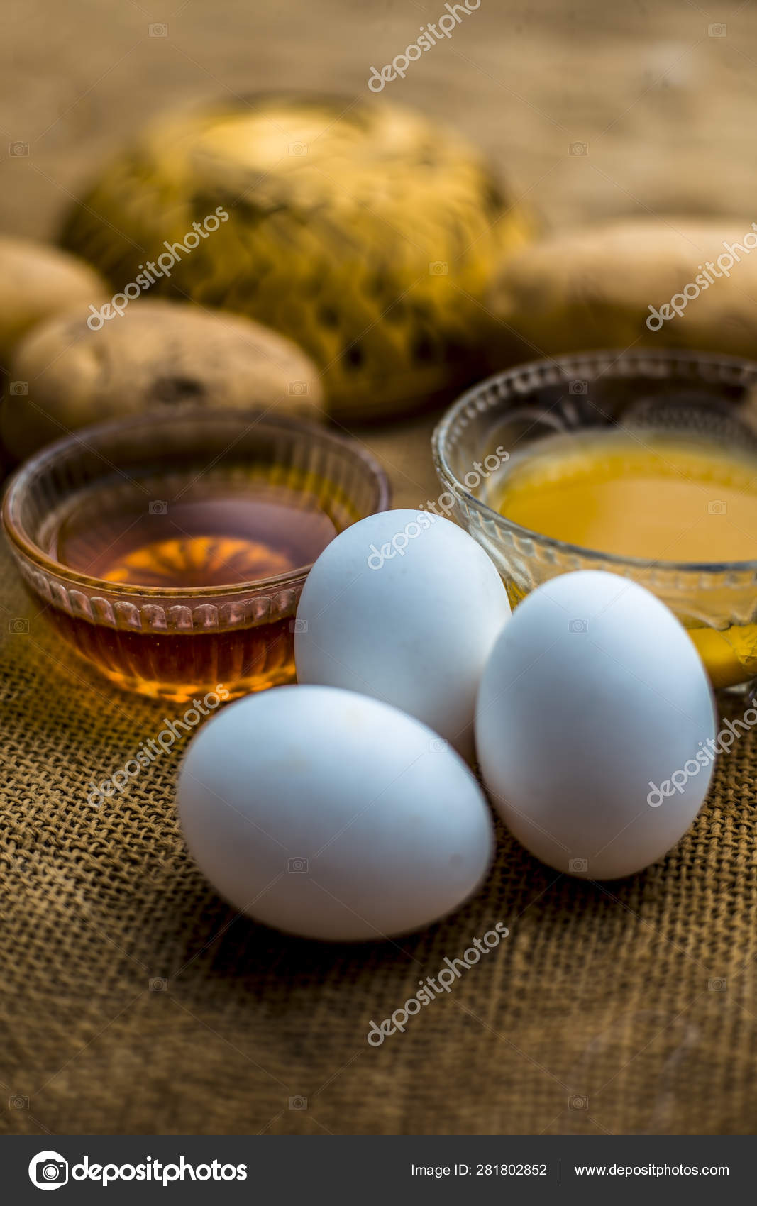 Potato Juice Well Mixed Honey Egg Yolks Bowls Raw Potatoes Stock