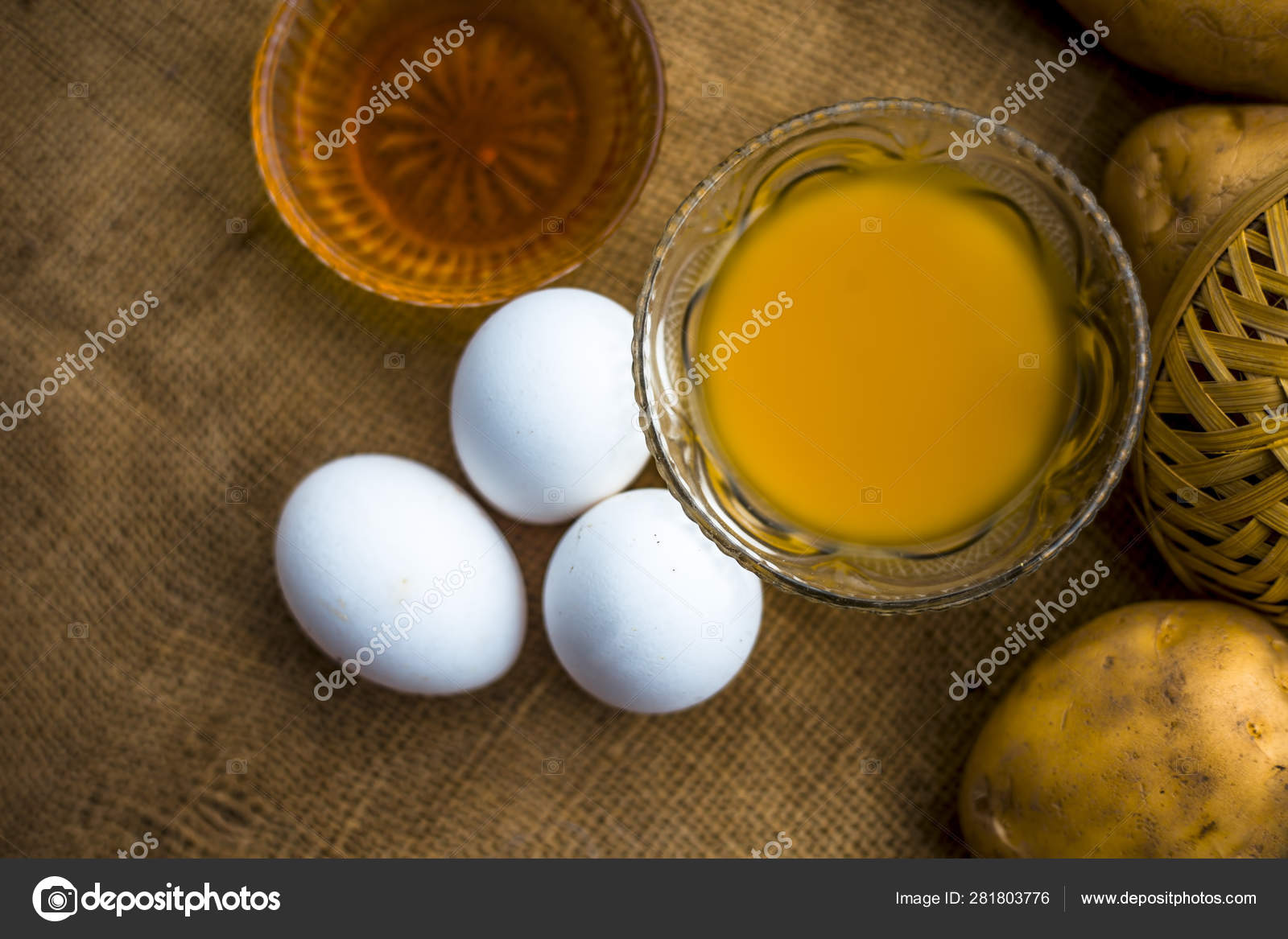 Potato Juice Well Mixed Honey Egg Yolks Bowls Raw Potatoes Stock