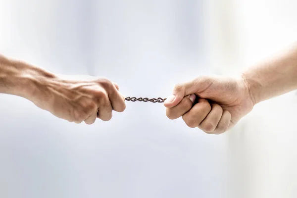 Close View Male Hands Fighting Piece Chain While Playing Tug — Stock Photo, Image