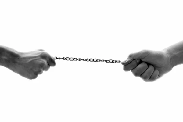 Close View Male Hands Fighting Piece Chain While Playing Tug — Stock Photo, Image