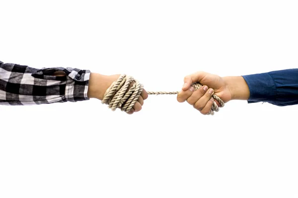 Close View Male Hands Fighting Piece Rope While Playing Tug — Stock Photo, Image