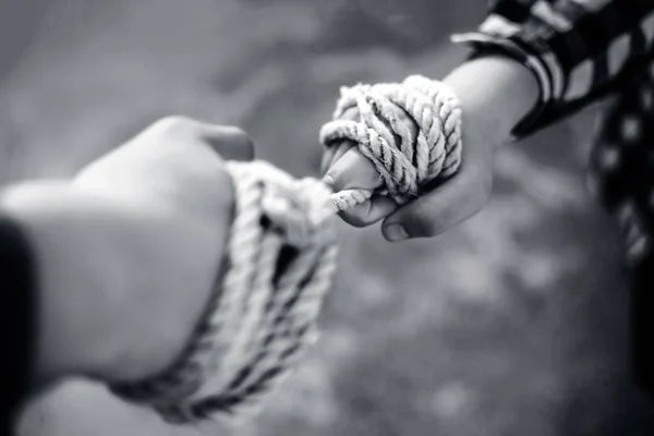 Close View Male Hands Fighting Piece Rope While Playing Tug — Stock Photo, Image