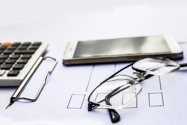 Smartphone Eyeglasses Document Calculator Workplace Finance Consultant — Stock Photo, Image