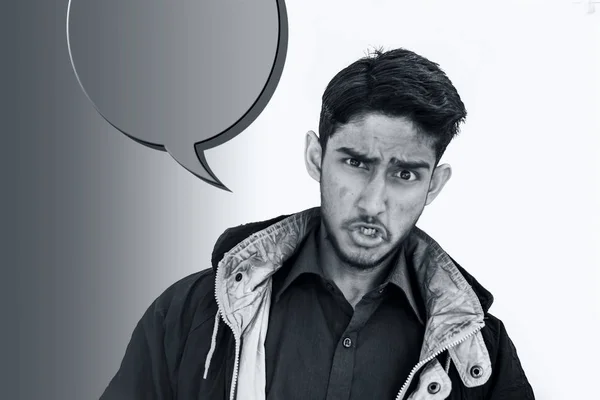 Portréja Fiatal Moody Energikus Tanuló Viselt Fekete Kabát Furcsa Hangulatos — Stock Fotó