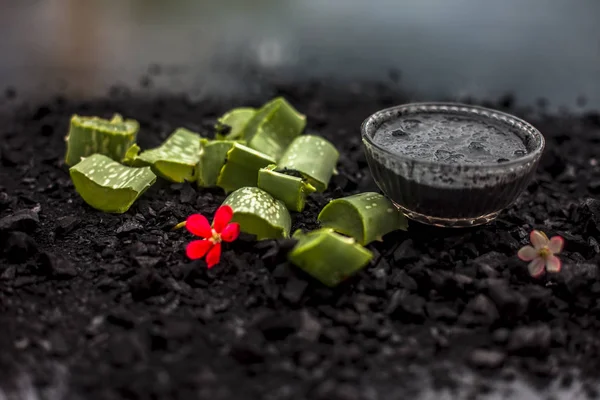 Ingredienti Maschera Aloe Vera Gel Ciotola Vetro Composta Carbone Attivo — Foto Stock