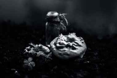 kabartma tozu ve bentonit kil ile aktif kömür maskesi için malzemelerle kase iplikçikleri ve kafa derisi ve hindistan cevizi yağı şişede detoks, parlaklık geri, hasarlı ve bölünmüş biter, ve sağlıklı teşvik