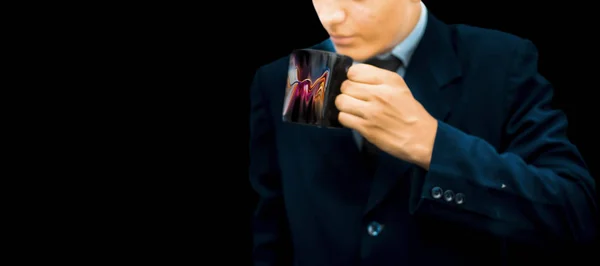 Irodai Alkalmazott Visel Kék Színű Öltöny Pózol Egy Csésze Kávét — Stock Fotó