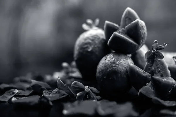 Rauwe Biologische Guave Amrut Amarood Hindi Zwart Glanzend Oppervlak Een — Stockfoto