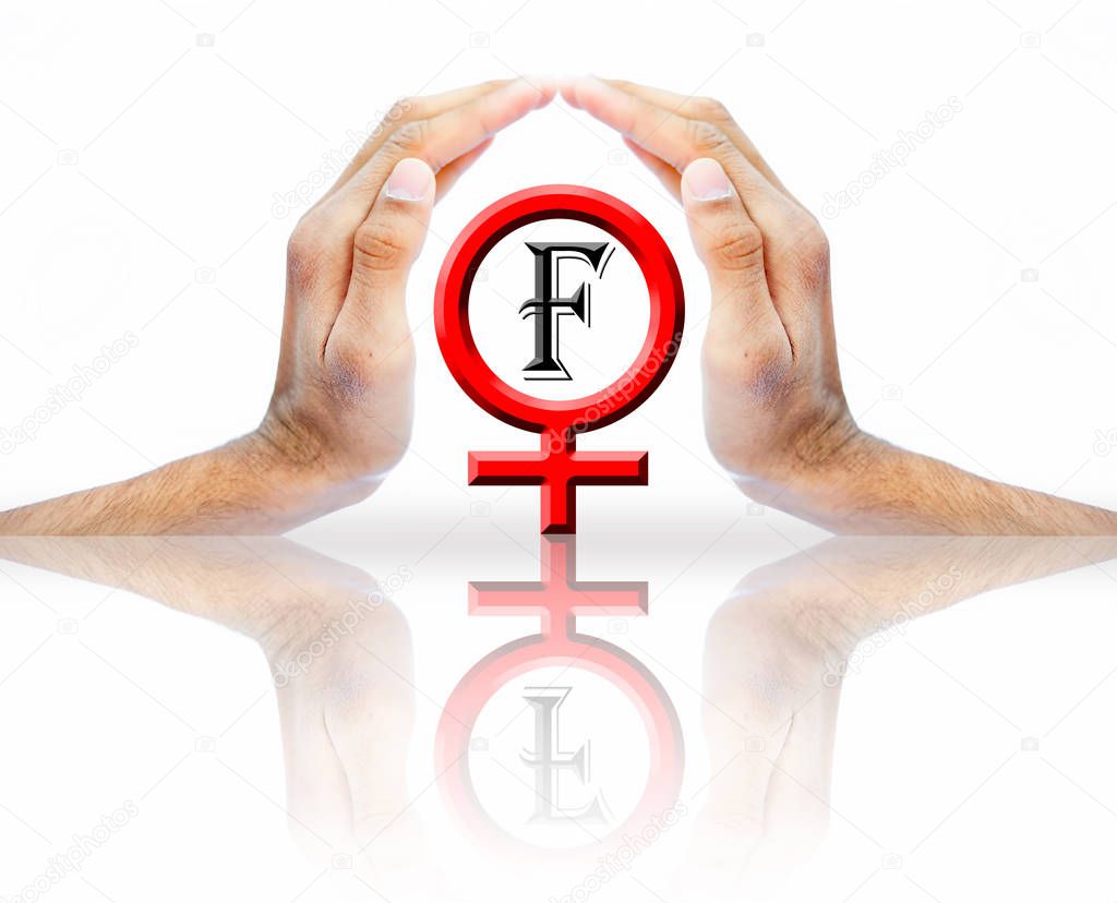 Two hand palms securing female gender symbol  