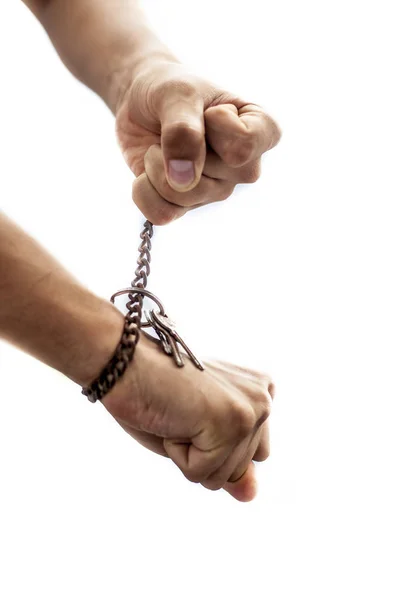 Close Single Human Hand Tied Rusted Iron Chain Another Hand — Stock Photo, Image