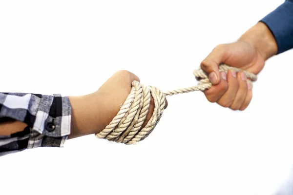 Male Hands Held Together Rope — Stock Photo, Image