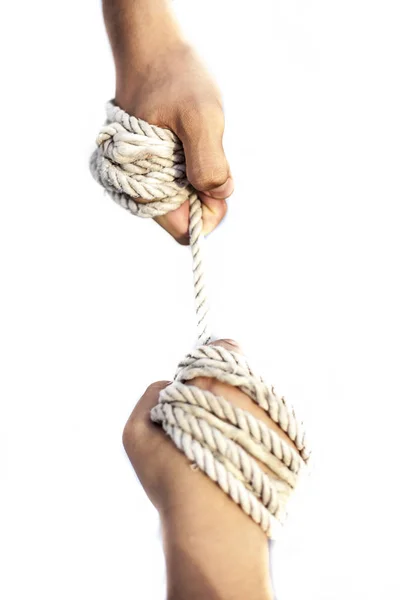Male Hands Held Together Rope — Stock Photo, Image