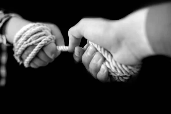 Male Hands Held Together Rope — Stock Photo, Image