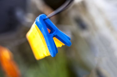 bulanık arka plan ile clothesline asılı clothespins.