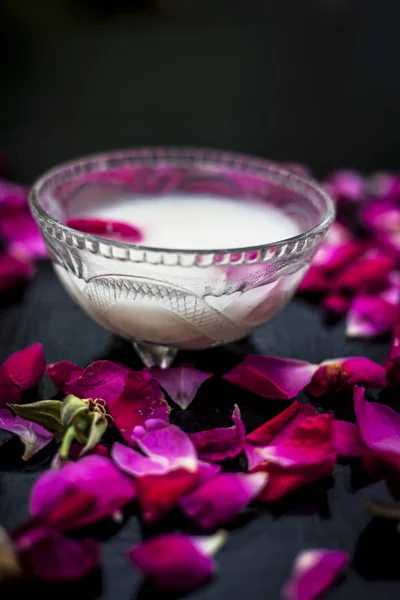 Fresh Milk Mixed Rose Water Glass Bowl Wooden Surface Petals — Stock Photo, Image