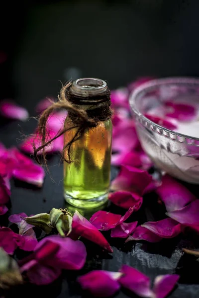 Face Treatment Consisting Rose Milk Olive Oil Glass Bowls — Stock Photo, Image