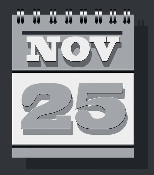 Daily leaf spiraled calendar page isolated on grey background with the page open of date 25th November