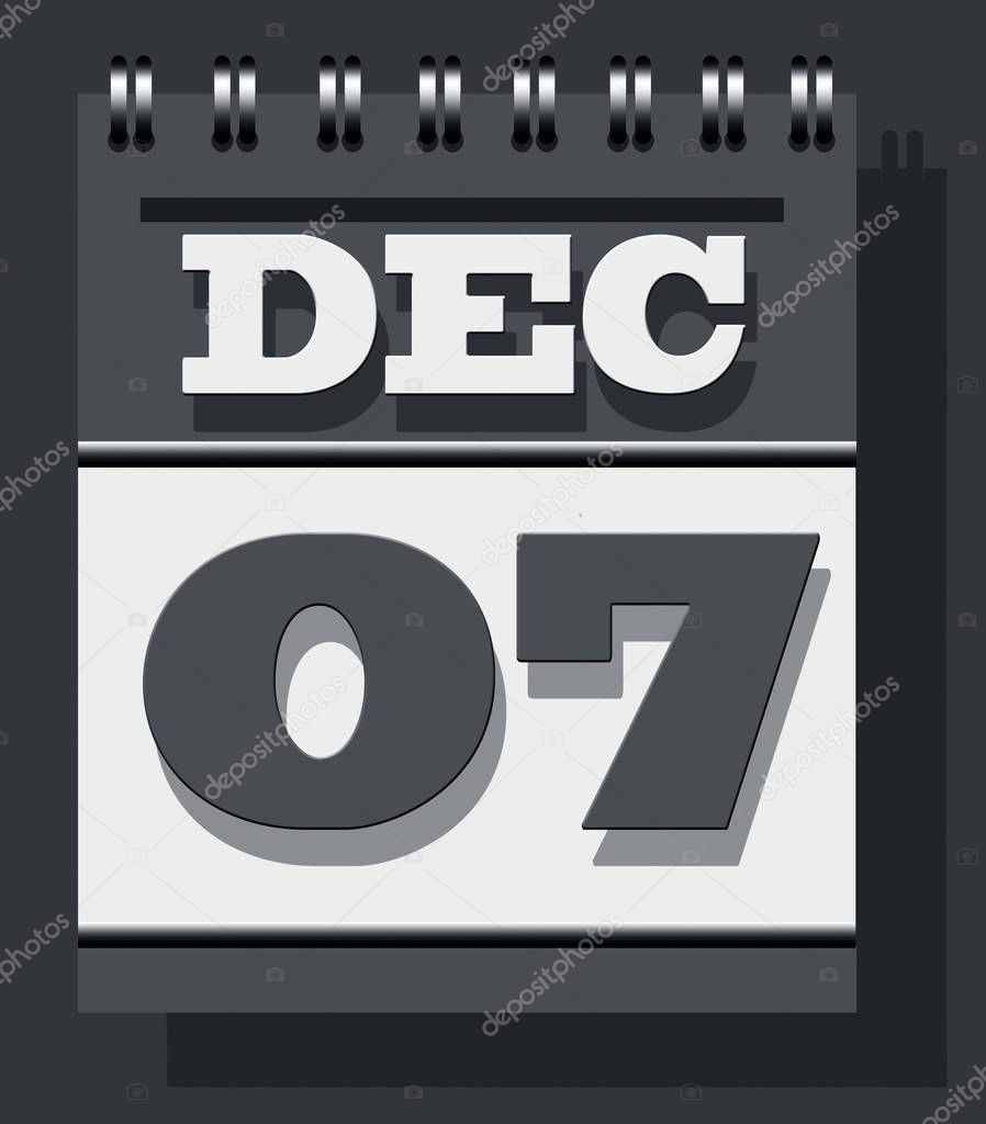 daily leaf calendar with open page of 7th December isolated on grey indication and remembrance The International Civil Aviation Day.