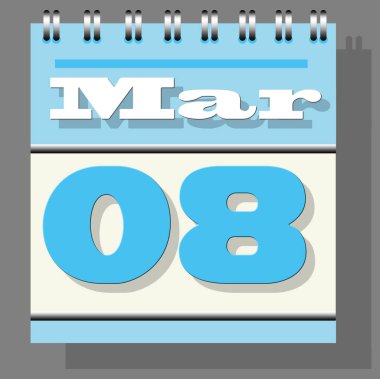 Açık mavi ya da gökyüzü mavi günlük yaprak takvimi. 8 Mart tarihli açık sayfa. Gri arka plan göstergesi ve Uluslararası Kadınlar Günü anısına izole edilmiş..