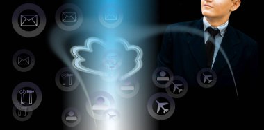 Dijital ekranlı genç iş adamının kırpılmış görüntüleri