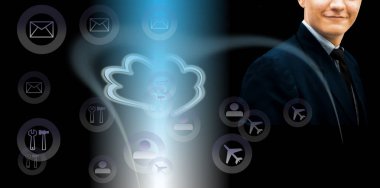 Dijital ekranlı genç iş adamının kırpılmış görüntüleri