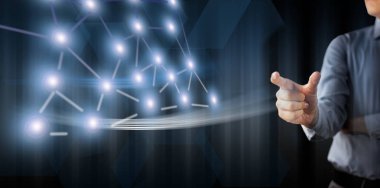 İş adamının el basma düğmesinin birleşik görüntüsü