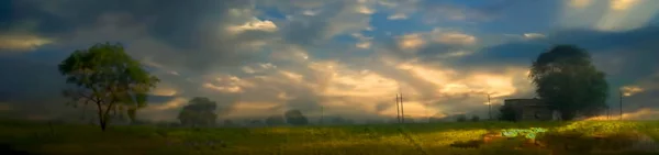 Panoramic Countryside Shot Farmland Sunrays Clouds — Stock Photo, Image