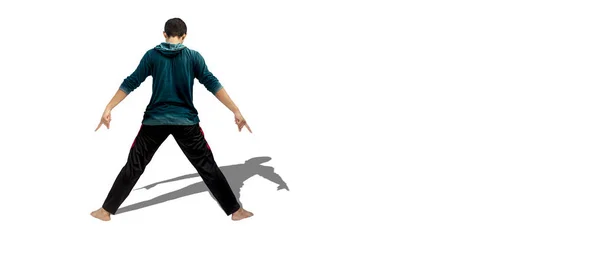 Man Tonåring Gör Yoga Motion Eller Stretching Motion Isolerad Vit — Stockfoto