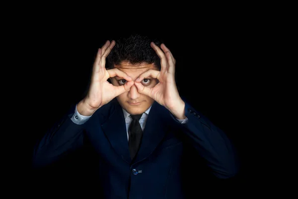 Frustrated Man Making Pair Glasses Giving Humours Owl Expression Isolated — Stock Photo, Image