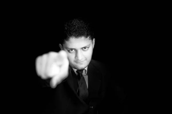 Portrait Shot Man Formal Suit Pointing Camera Posing Front Isolated — Stock Photo, Image