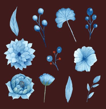 Blue Botanical Watercolor Collection on Dark Background.  This artwork is perfect for use in design projects like invitations,or digital artwork needing a touch of elegance and nature.