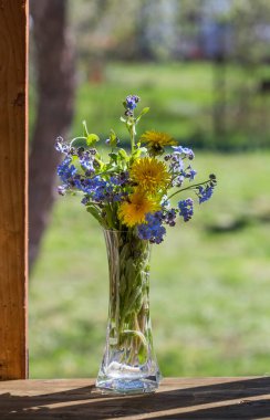 Bir buket güzel bahar çiçeği. Bu sakin bir hayat. Pencerede..