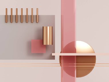 Geometrik şekiller pembe ve altın pembe bir arka plan üzerinde. Gerçekçi en az 3d render