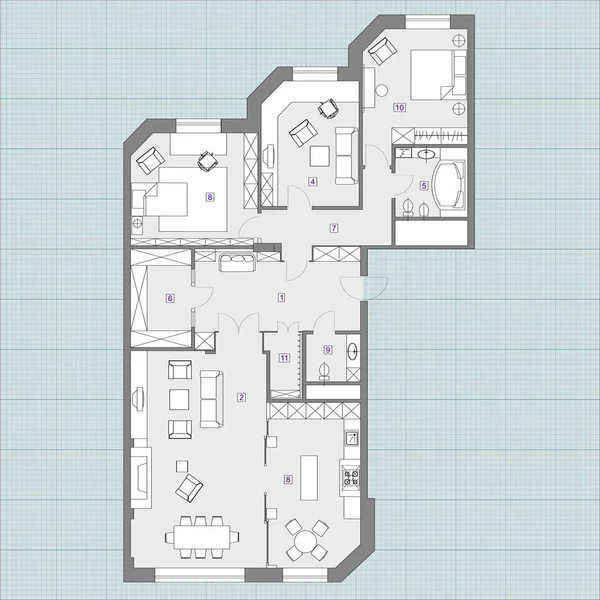 Símbolos de muebles estándar en los planos de casa — Vector de stock