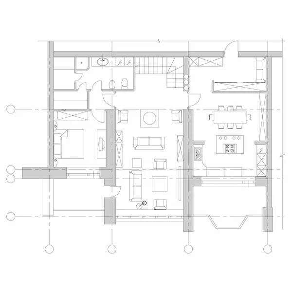 房屋平面图上的标准家具符号 — 图库矢量图片