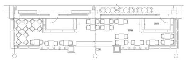 フロア プランの標準的なカフェ家具シンボル — ストックベクタ