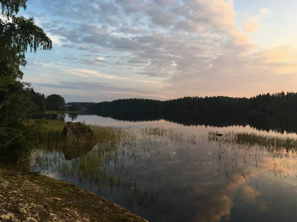 Beautiful Sunset Lake Karelian Nature Stone Shore Reeds Water Coniferous — Stock Photo, Image