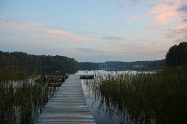 güzel gün batımı göl, sazlık, ot, ormanın kıyısında kenarları ahşap iskele üzerinde nazik mavi pembe renk tonları, sky, romantik bir atmosfer renk