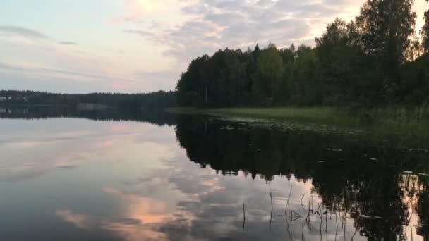 Sunset Lake Smooth Water Reflection Sky Delicate Pink Blue Shades — Stock Video