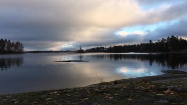 Video Shooting Lake Smooth Water Which Reflects Sky Clouds Pink — Stock Video