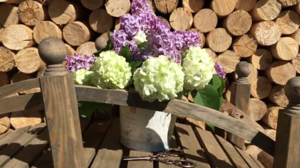 Anordnung Von Violettem Flieder Und Weißem Buldenezh Blütenstand Kugelförmig Auf — Stockvideo