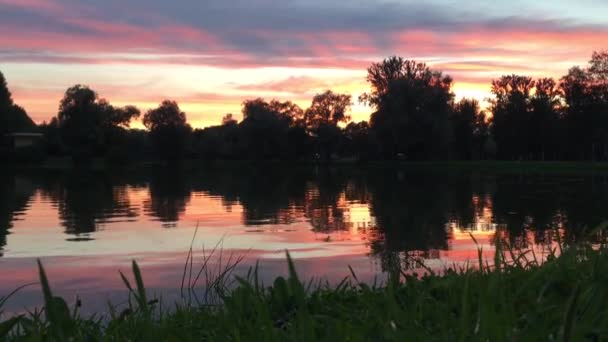 Beau Coucher Soleil Près Lac Nuances Roses Reflétées Dans Eau — Video