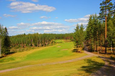 Çam ormanlarındaki golf sahaları, yeşil manikürlü çimenler, arazinin kolay kıvrımı, İskandinavya 'nın doğası.