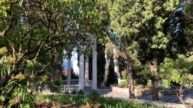Birçok farklı bitki, dal ve yaprak arasında rüzgarla sallanan Yucca, beyaz sütunlu yuvarlak bir çardak görebilirsiniz, mavi denizin kenarı, doğanın rahat bir köşesi.