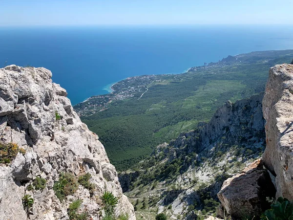Bir dağın yüksekliğinden mavi deniz manzarası, bir uçurum, birkaç ağaç, kayalar, dolambaçlı bir kıyı şeridi, dinlenmek için şık bir yer.