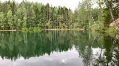Ormandaki göl manzarası, berrak sakin su, çoğunlukla kozalaklı yeşil gölge, sudaki ağaçların yansıması, bulutlu gökyüzü, hafif su dalgaları, kuzeyin doğası, Karelia
