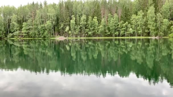 森の中の湖の眺め 澄んだ滑らかな水 緑の日陰 主に針葉樹 水の木々の反射 雲と空 水の光の波紋 Kareliaの性質 — ストック動画